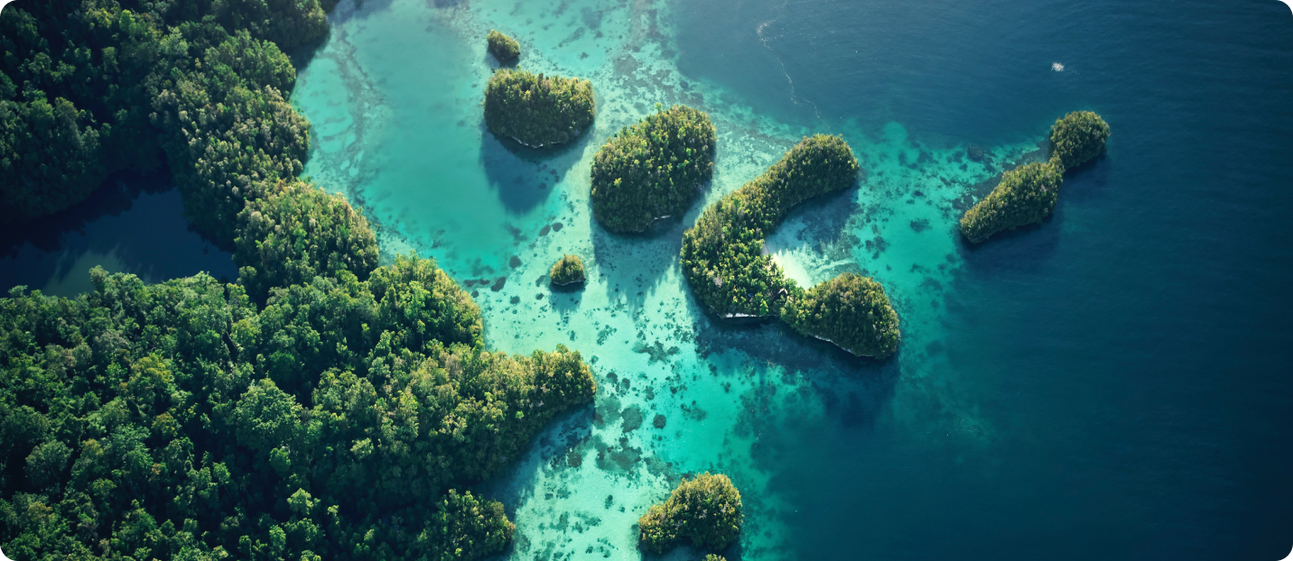  Aerial view of lush green islands surrounded by clear turquoise water, showcasing a vibrant marine landscape.