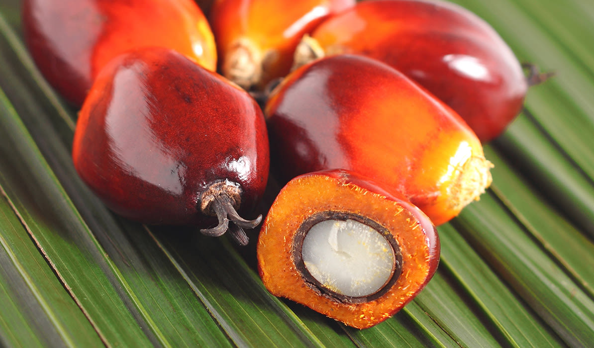 Fresh red palm oil fruit cut in half, showcasing its inner seed and vibrant orange flesh against green leaves.