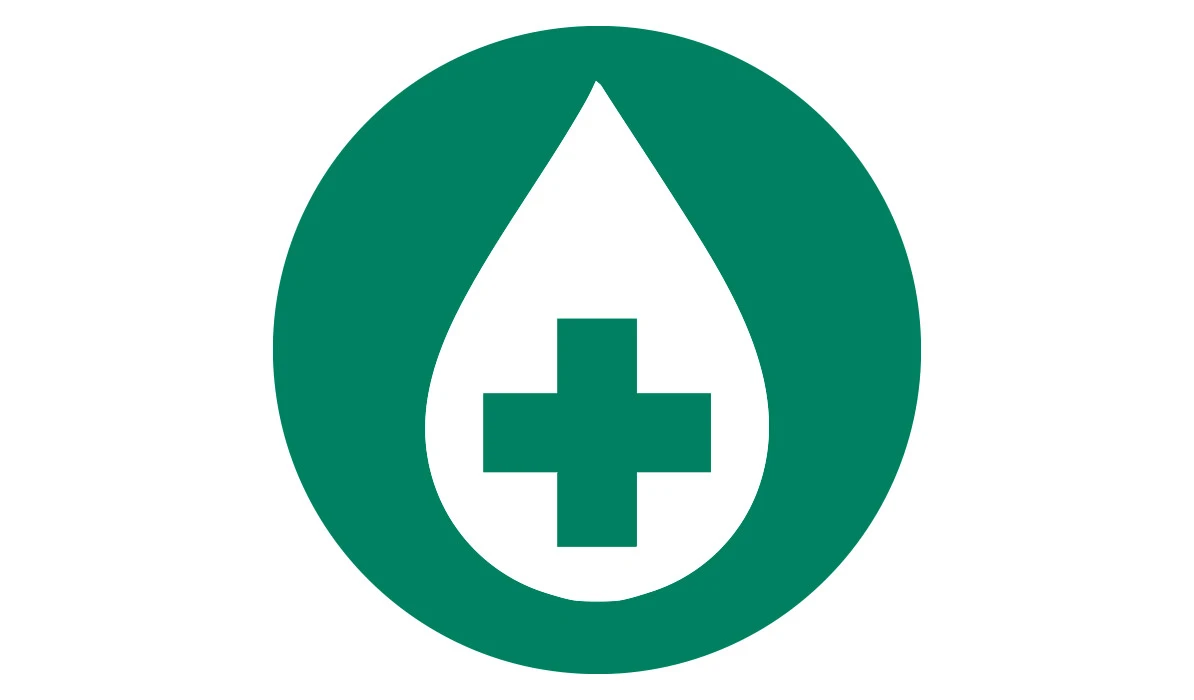Green circular icon featuring a water droplet with a medical cross inside, symbolizing health and safety.