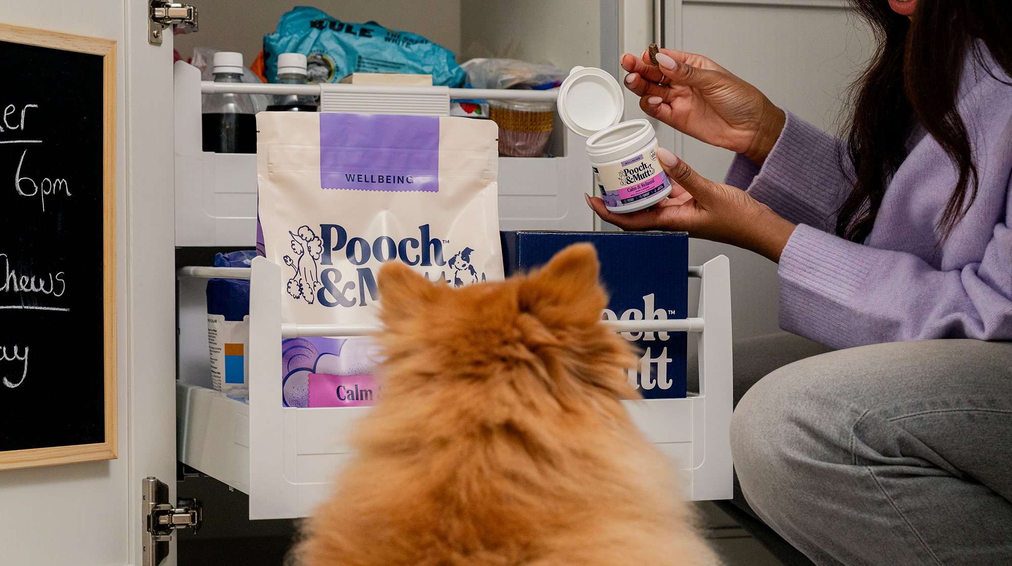 A fluffy dog faces away from us as they watch their owner get out a Pooch & Mutt Hemp Chew.