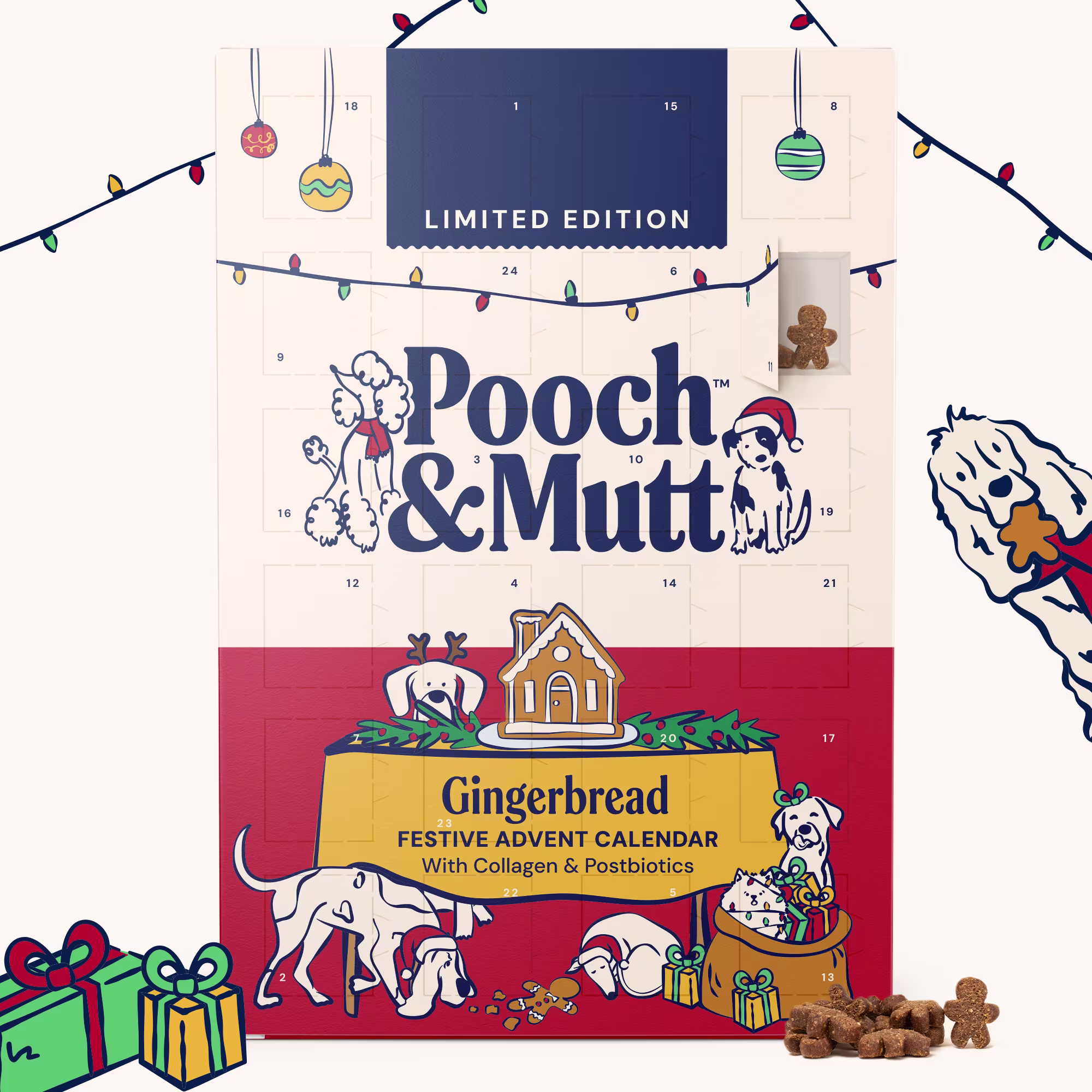 The pooch and mutt 2026 gingerbread advent calendar box on a cream background with christmas illustrations. A pile of gingerbread man treats sit outside the box 