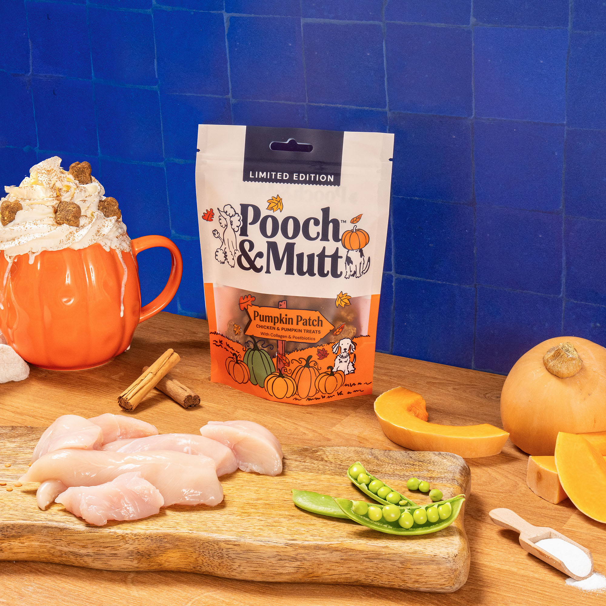 pumpkin spice ingredients on tile kitchen layout shot