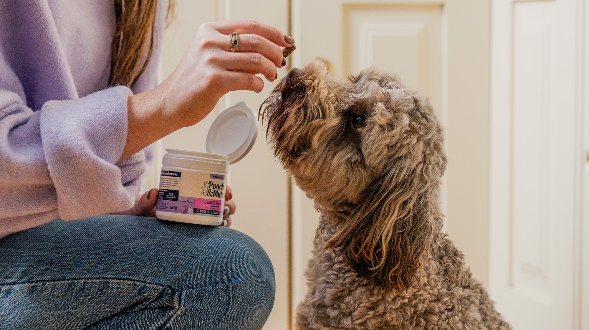 A dog owner feeds a fluffy brown dog a Pooch & Mutt Hemp Chew.