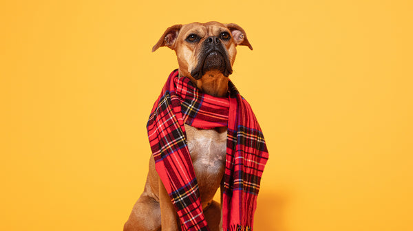 A cute, Old Thyme Bulldog wrapped up in a tartan scarf