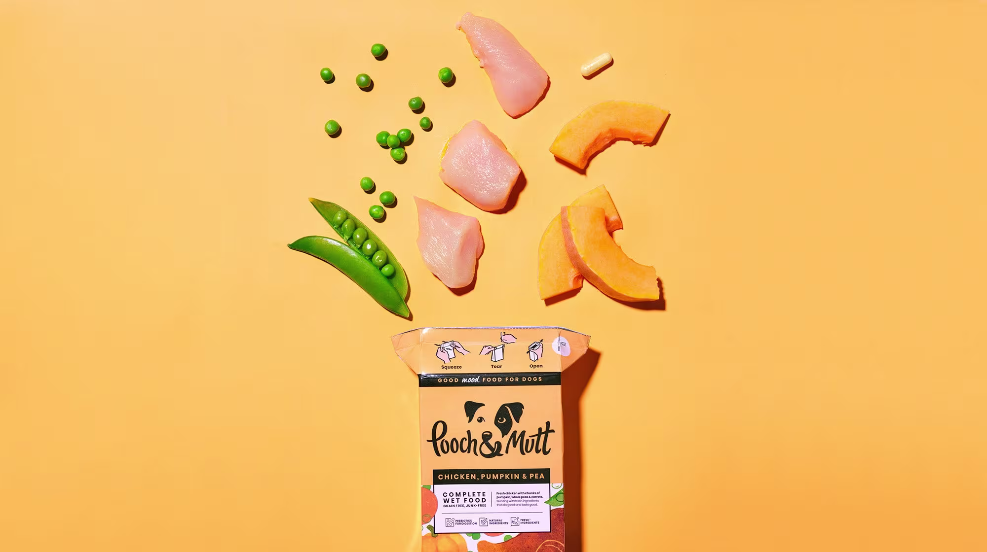 Our Pumpkin Spice Meaty Treats with fresh chicken, pumpkin and peas bursting out of the pack