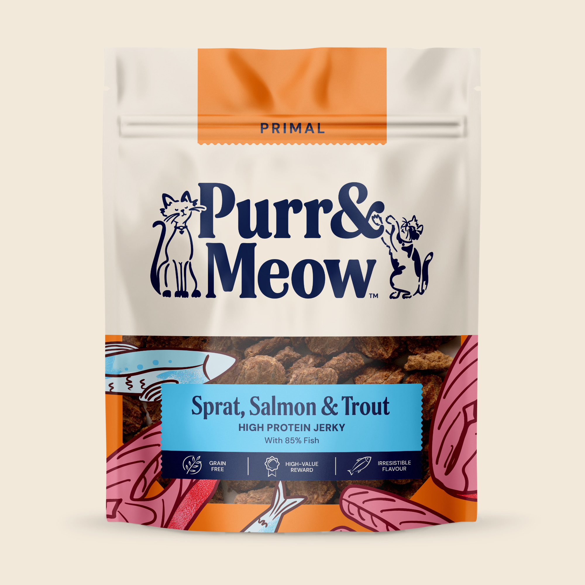 PRIMAL JERKY SPRAT, SALMON & TROUT 40g Cream 2000x2000