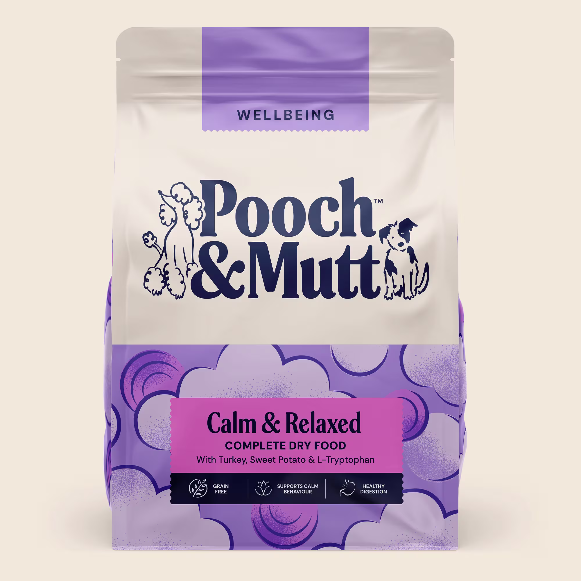 2kg bag of Pooch & Mutt calm and relaxed dry dog food on a cream background 