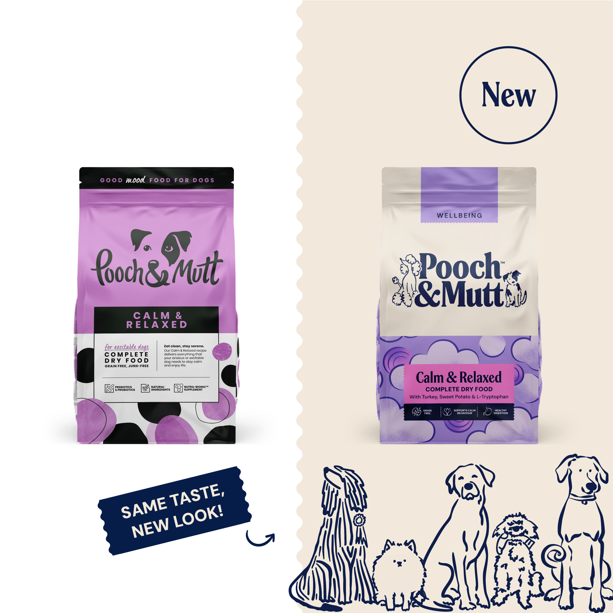 P&M NEW vs OLD DRY FOOD WELLBEING CALM & RELAXED 10 kg