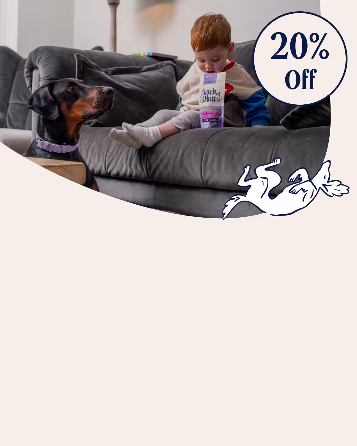 spring sale banner with boy on sofa next to some dog treats. Dog on the floor looking at treats