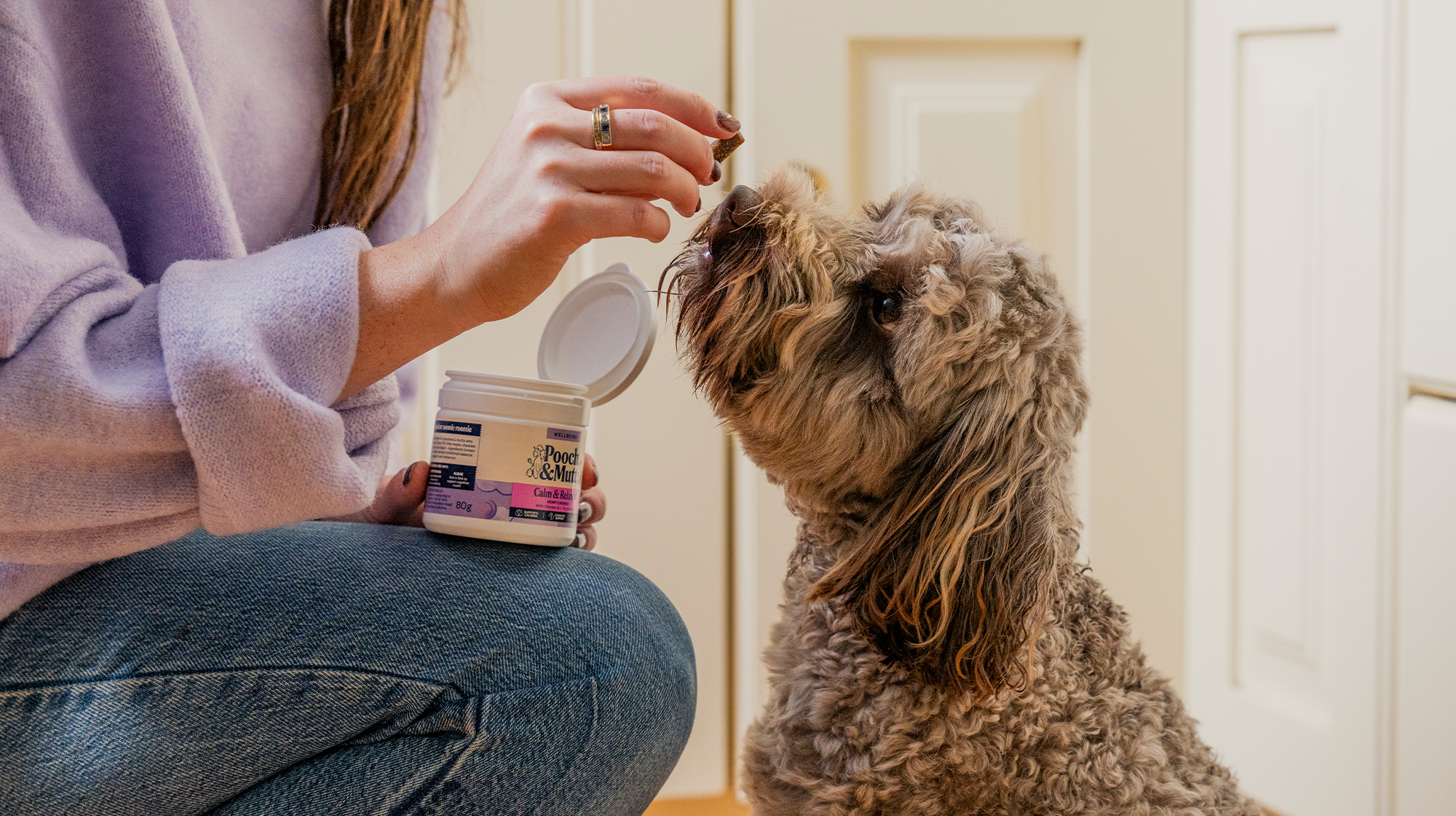A brown, fluffy dog receiving a Pooch & Mutt Calm & Relaxed Hemp Chew from their owner.