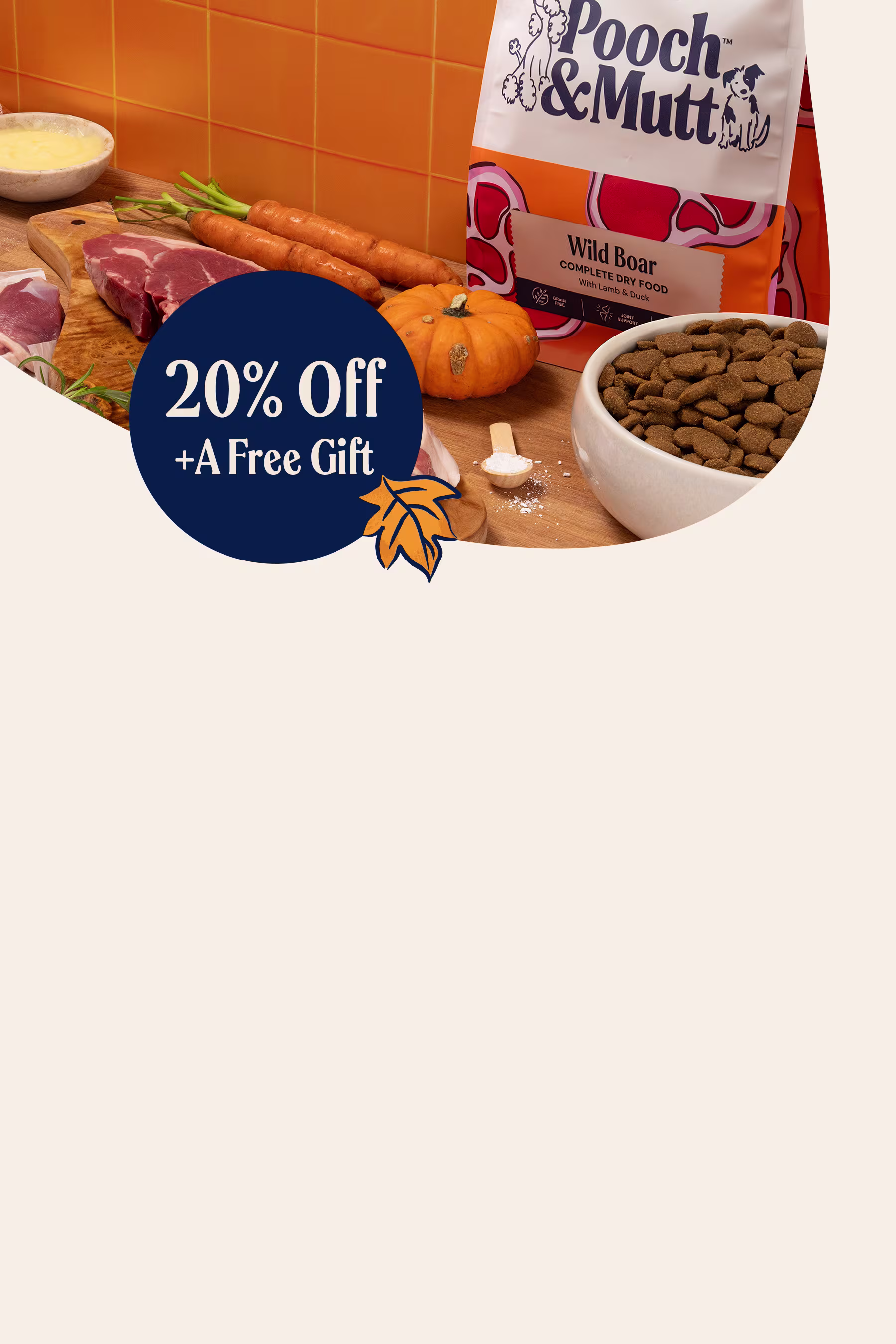 Autumnal food scene with Wild Boar dry food, fresh ingredients and decorative autumn leaves in portrait orientation