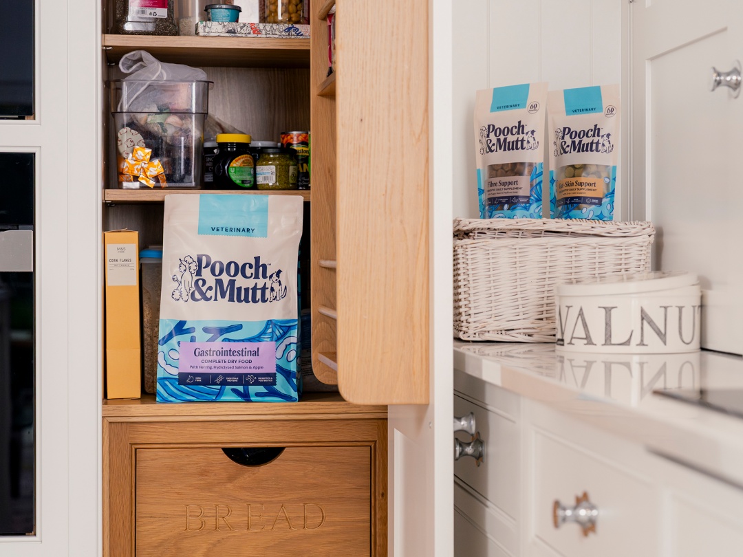 Pooch & Mutt food in a cupboard