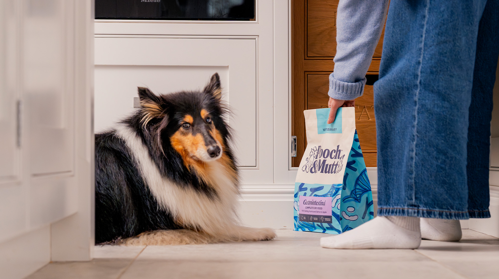 A fluffy dog lays on the floor whilst their owner shows them a bag of Pooch & Mutt's Gastrointestinal Veterinary Dry Food.