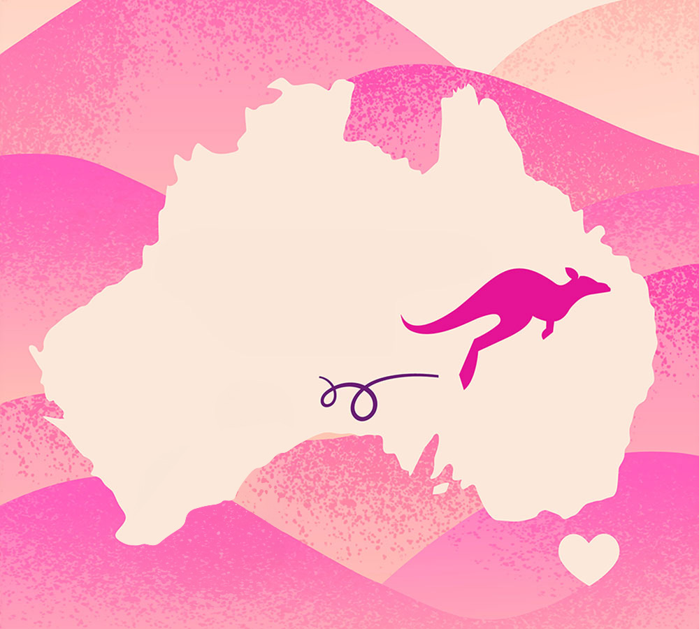 Silueta clara de Australia con canguro rosa y corazón blanco, sobre fondo rosa ondulado.