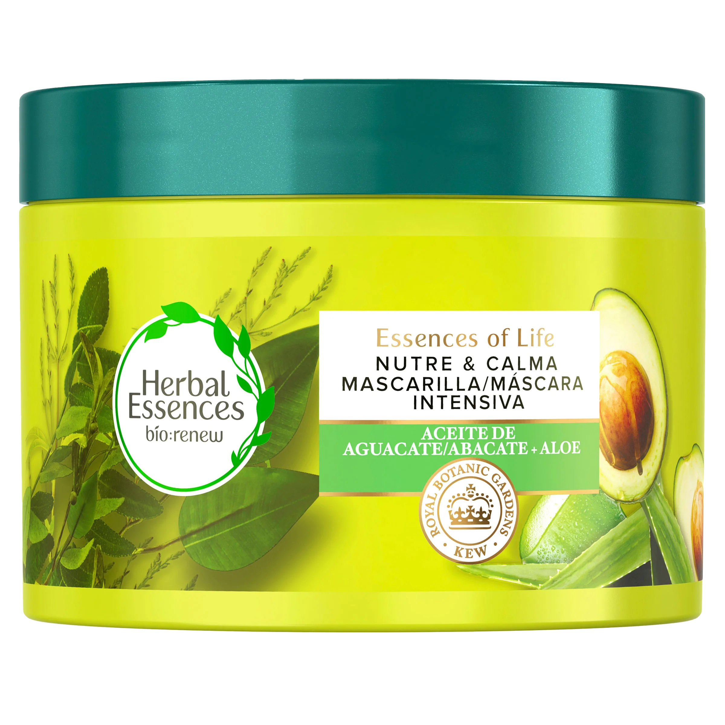 Tarro verde claro de Mascarilla Intensiva Herbal Essences Nutre & Calma Aguacate + Aloe, con hojas verdes y medio aguacate.