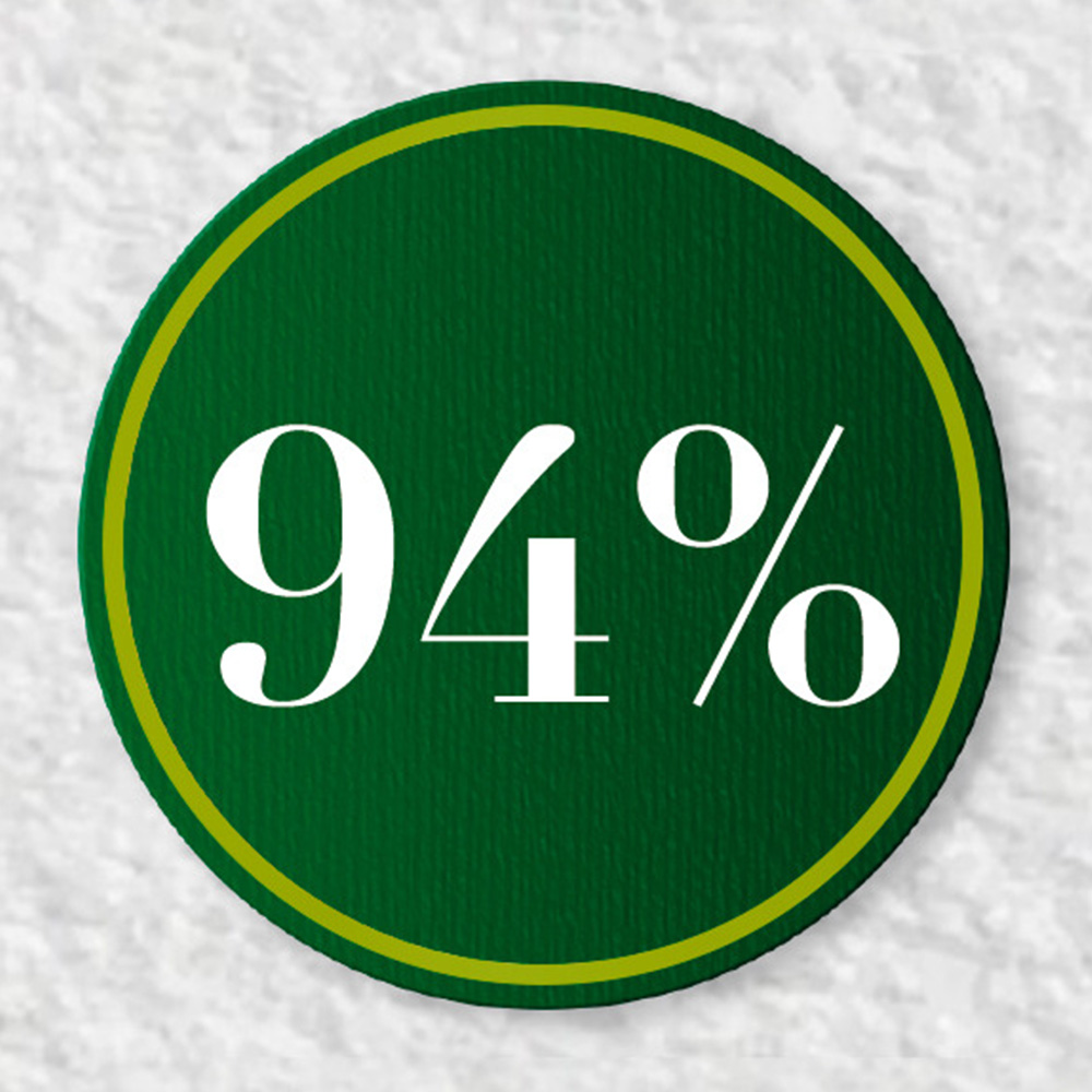 Círculo verde oscuro con "94%" blanco, borde fino amarillo-verde.