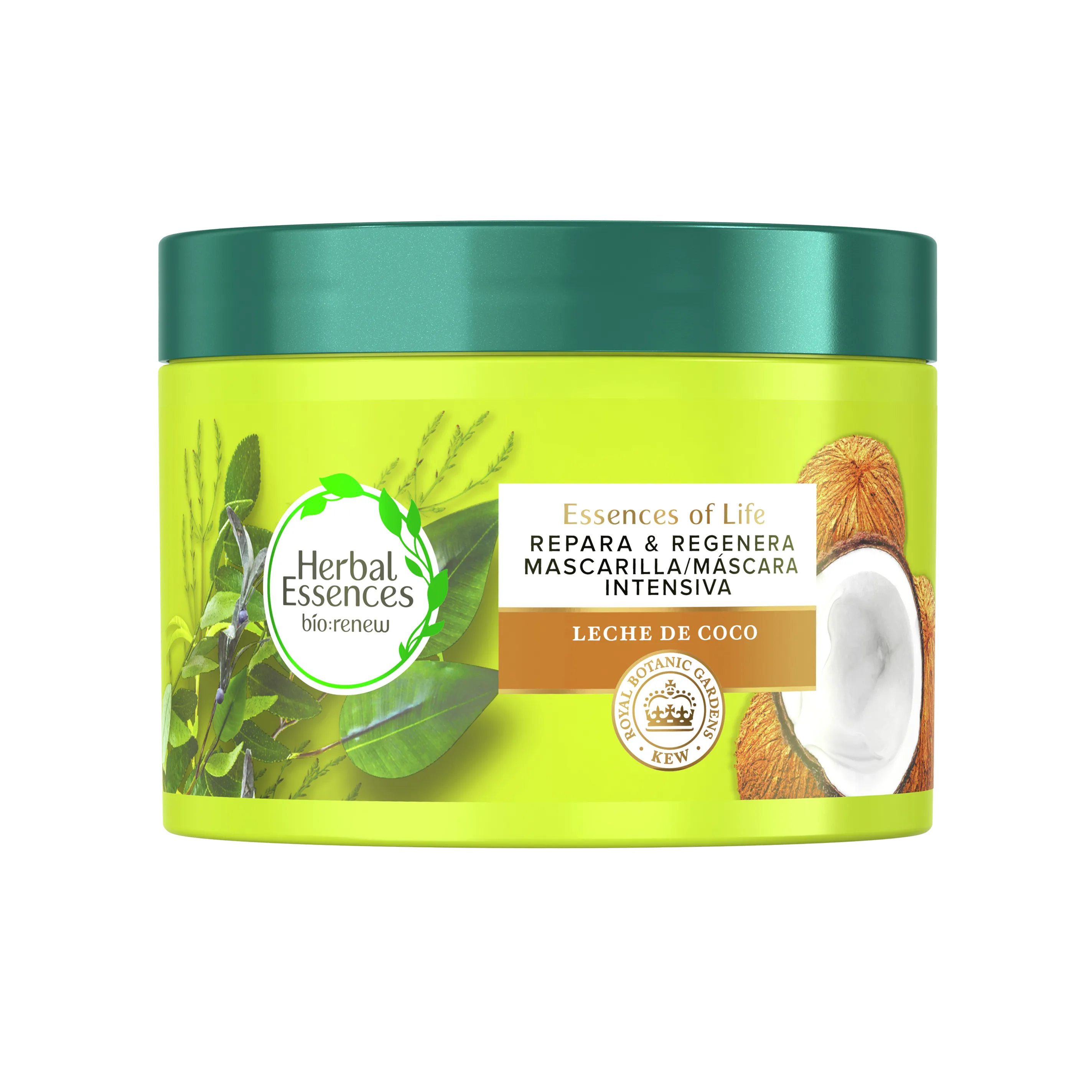 Herbal Essences Mascarilla Reparadora, sobre fondo gris.