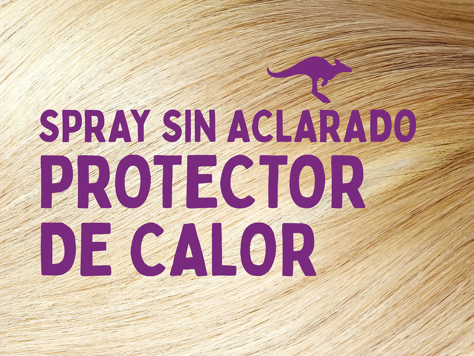 Primer plano de cabello rubio con texto morado "SPRAY SIN ACLARADO PROTECTOR DE CALOR" y silueta de canguro morado.