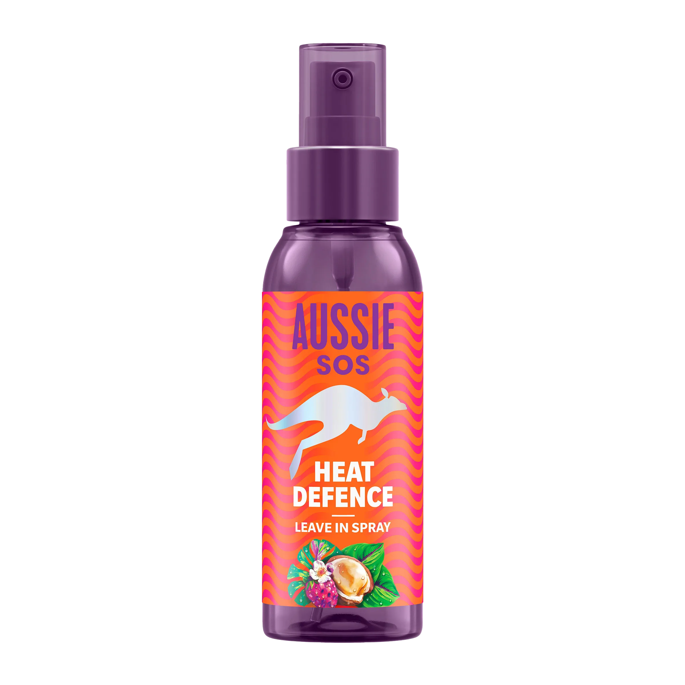 Aussie SOS Heat Defence Spray Leave In, sobre fondo gris.