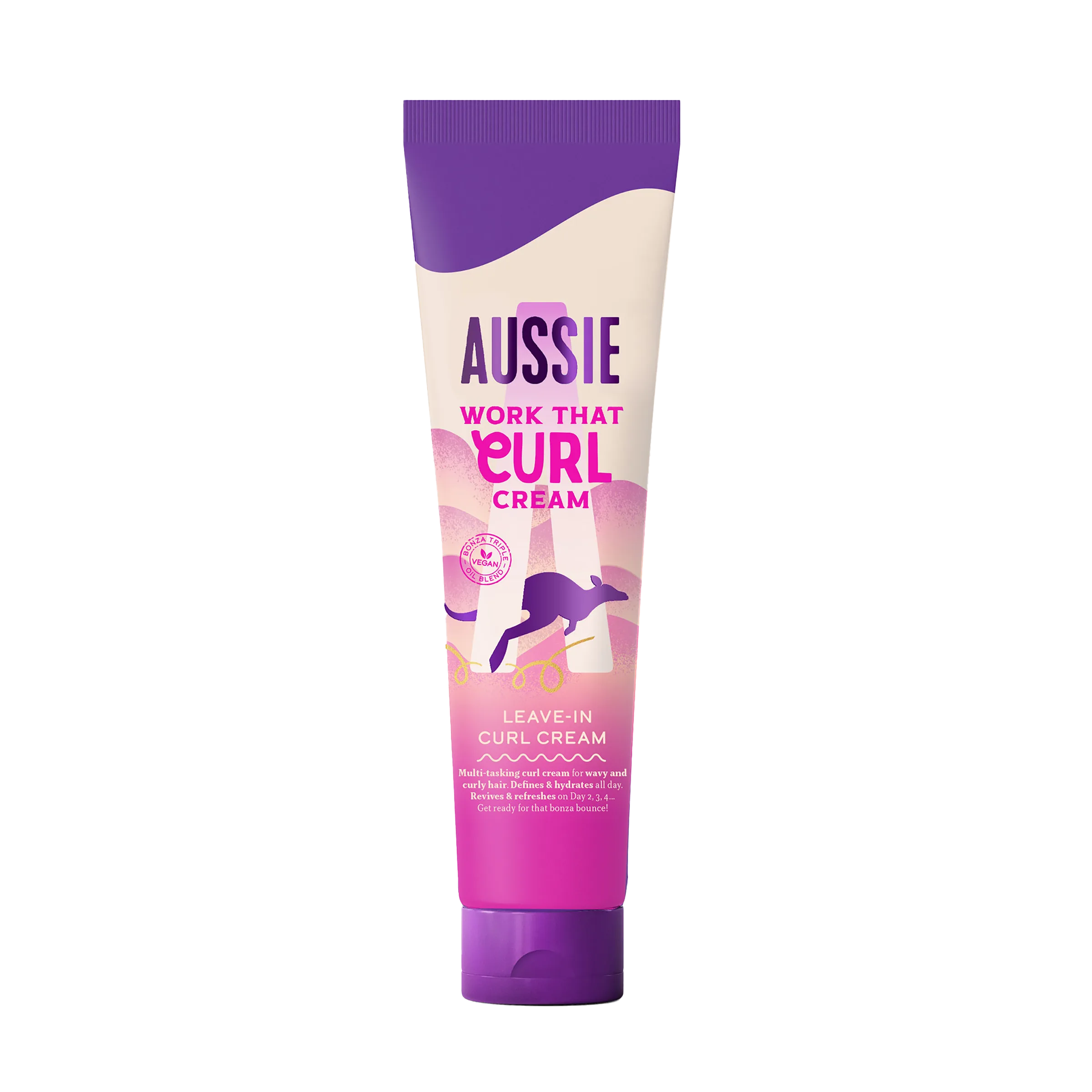 Aussie Work That Curl Crema, sobre fondo gris.