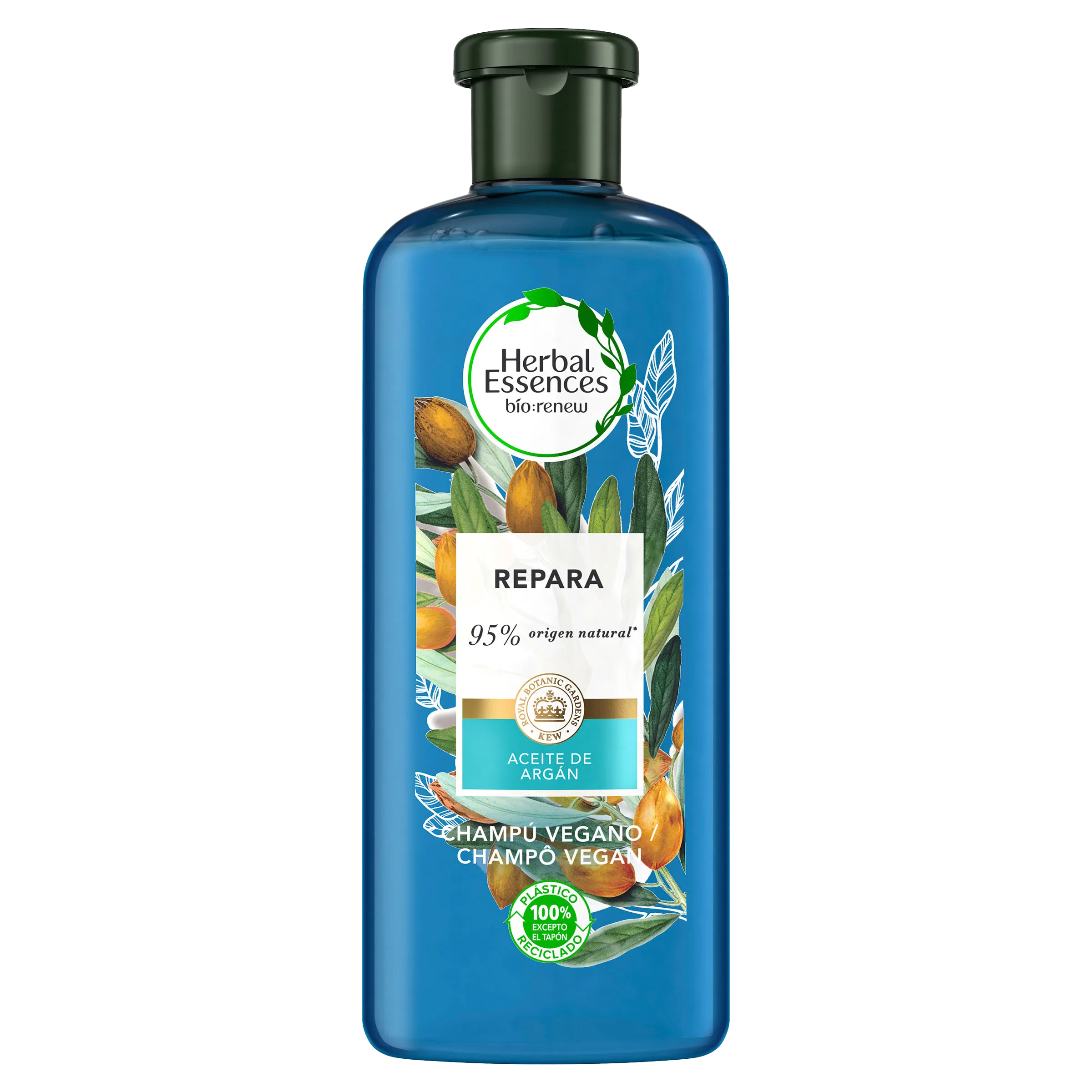 Herbal Essences Champú Reparador, sobre fondo gris.