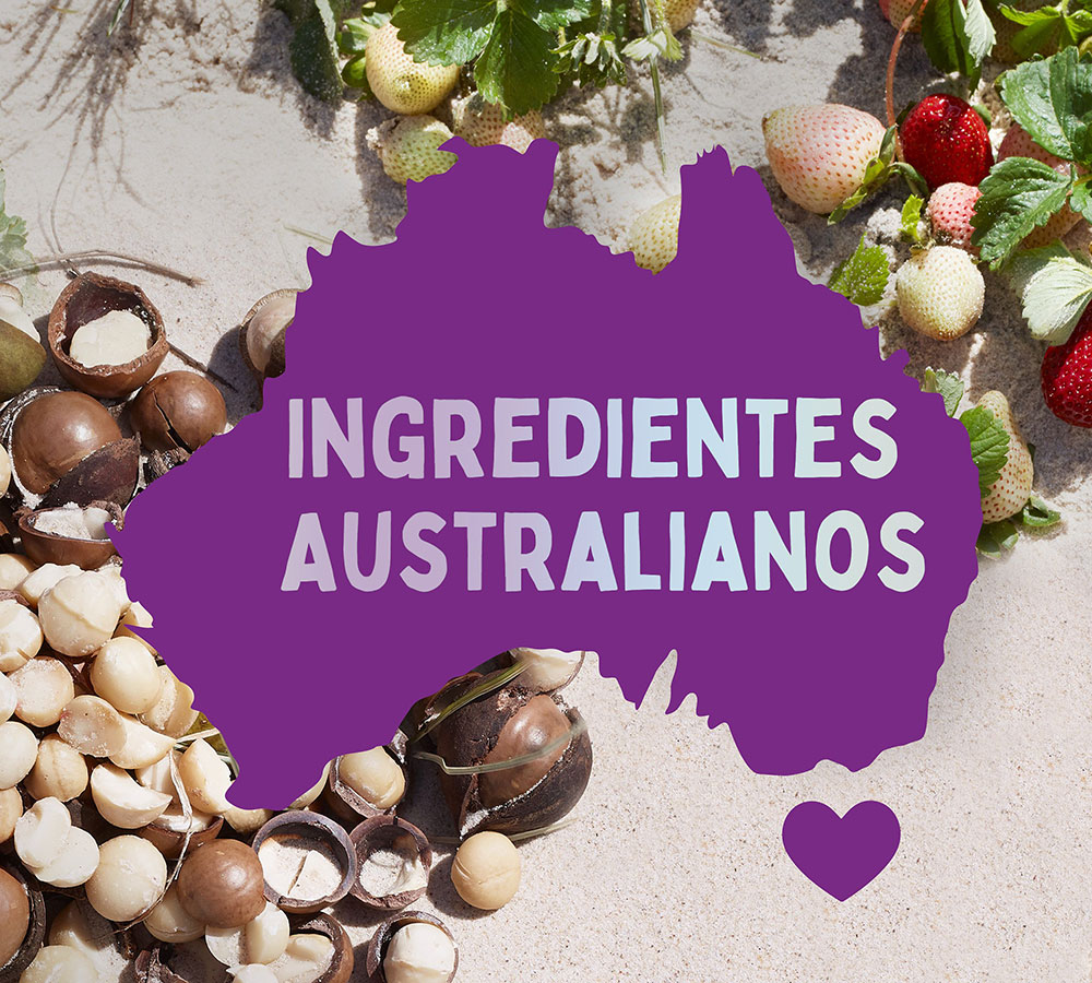 Mapa morado de Australia con "INGREDIENTES AUSTRALIANOS" en blanco, rodeado de nueces de macadamia, fresas y hojas.