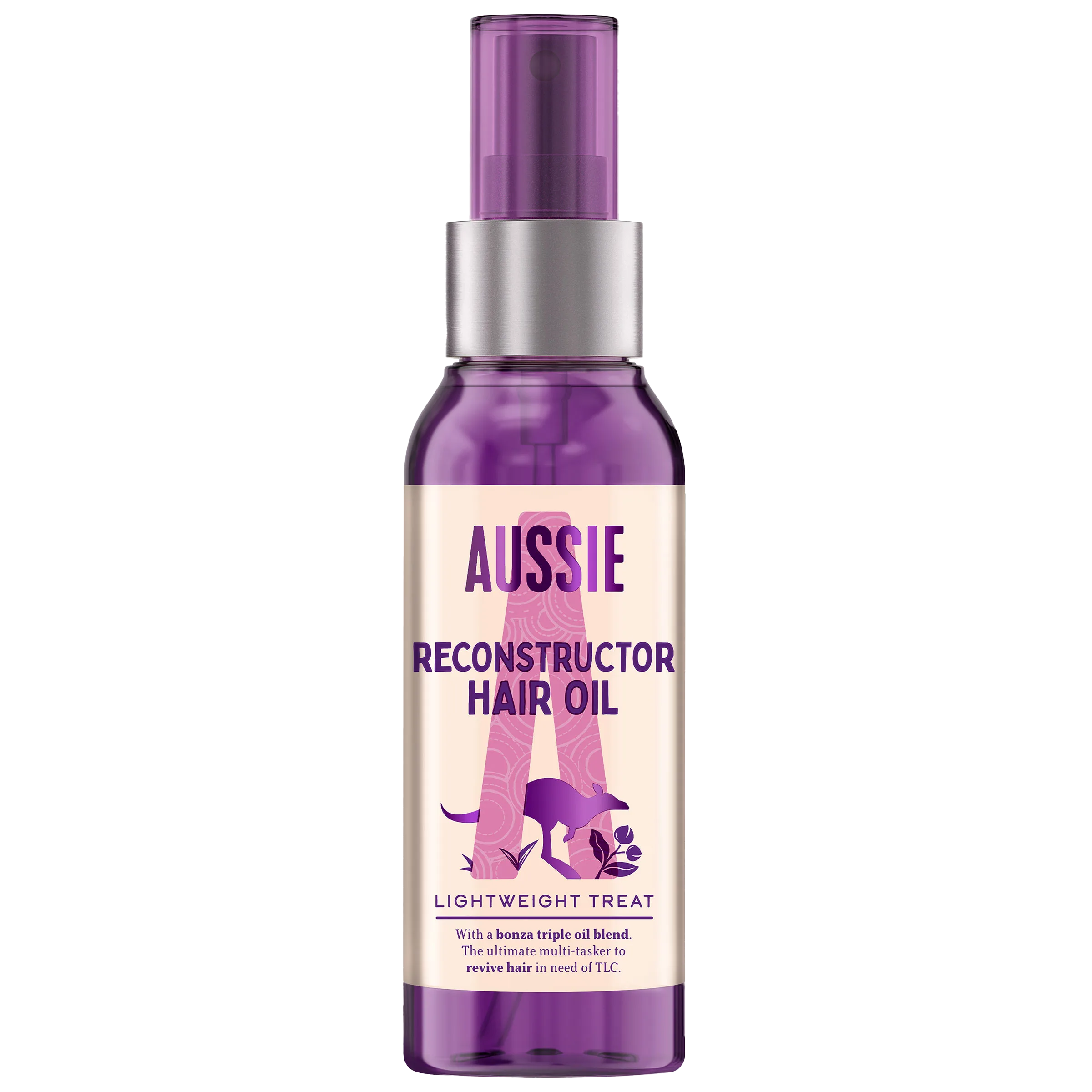 Botella morada de spray Aussie Aceite Reconstructor con etiqueta blanca y canguro rosa, sobre fondo gris.