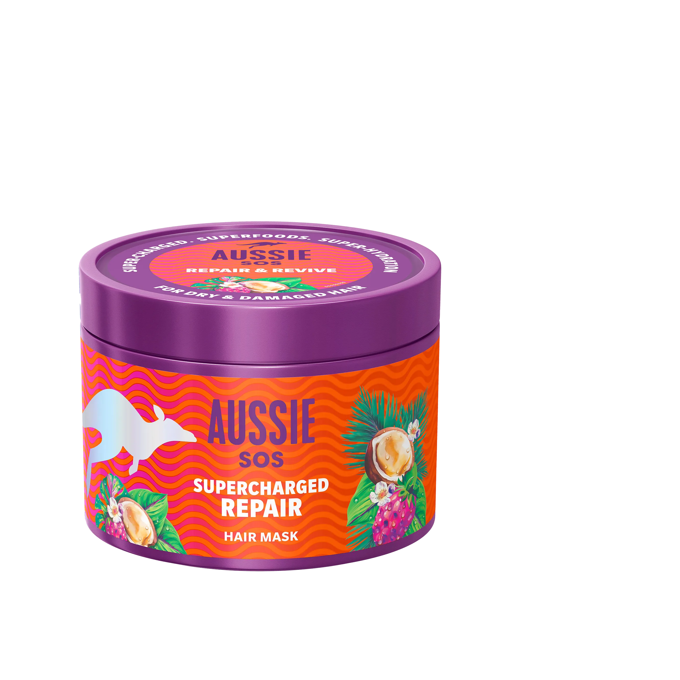 Aussie Supercharged Repair Mascarilla, sobre fondo gris.