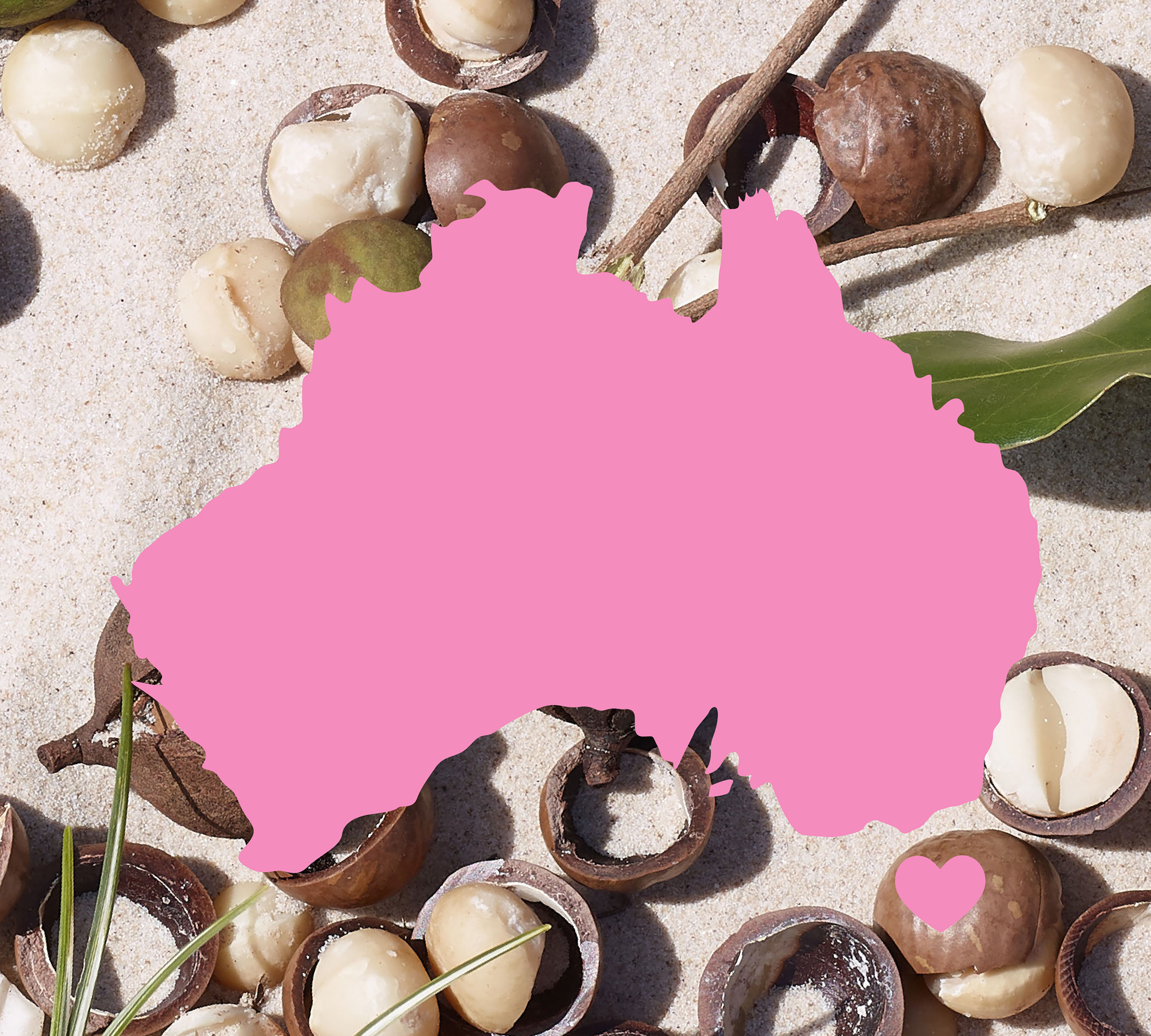 Silueta rosa de Australia en arena, rodeada de nueces y hojas secas, con un corazón rosa abajo a la derecha.