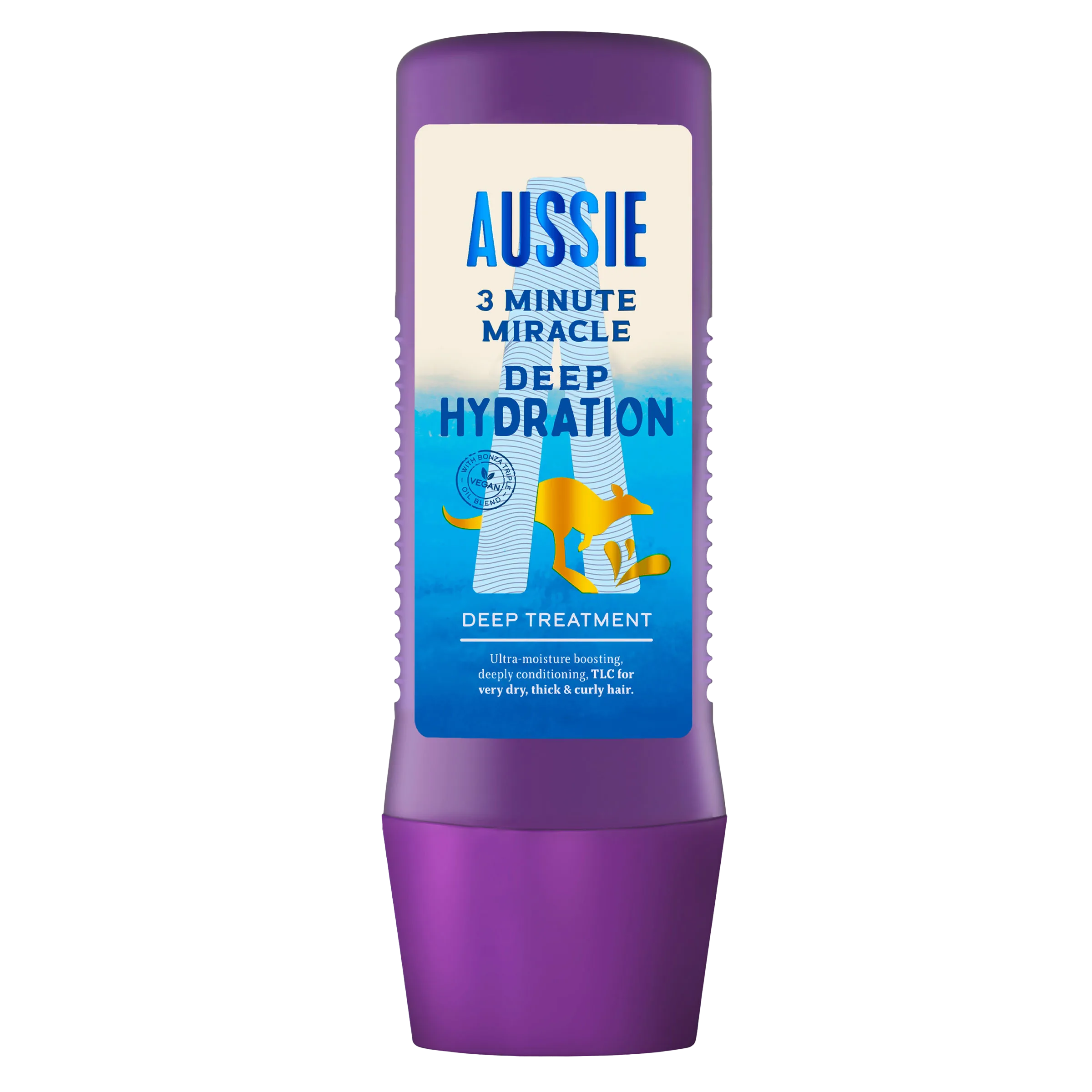 Botella morada de Aussie 3 Minute Miracle Hidratación Profunda Mascarilla con etiqueta azul y blanca, sobre fondo gris.