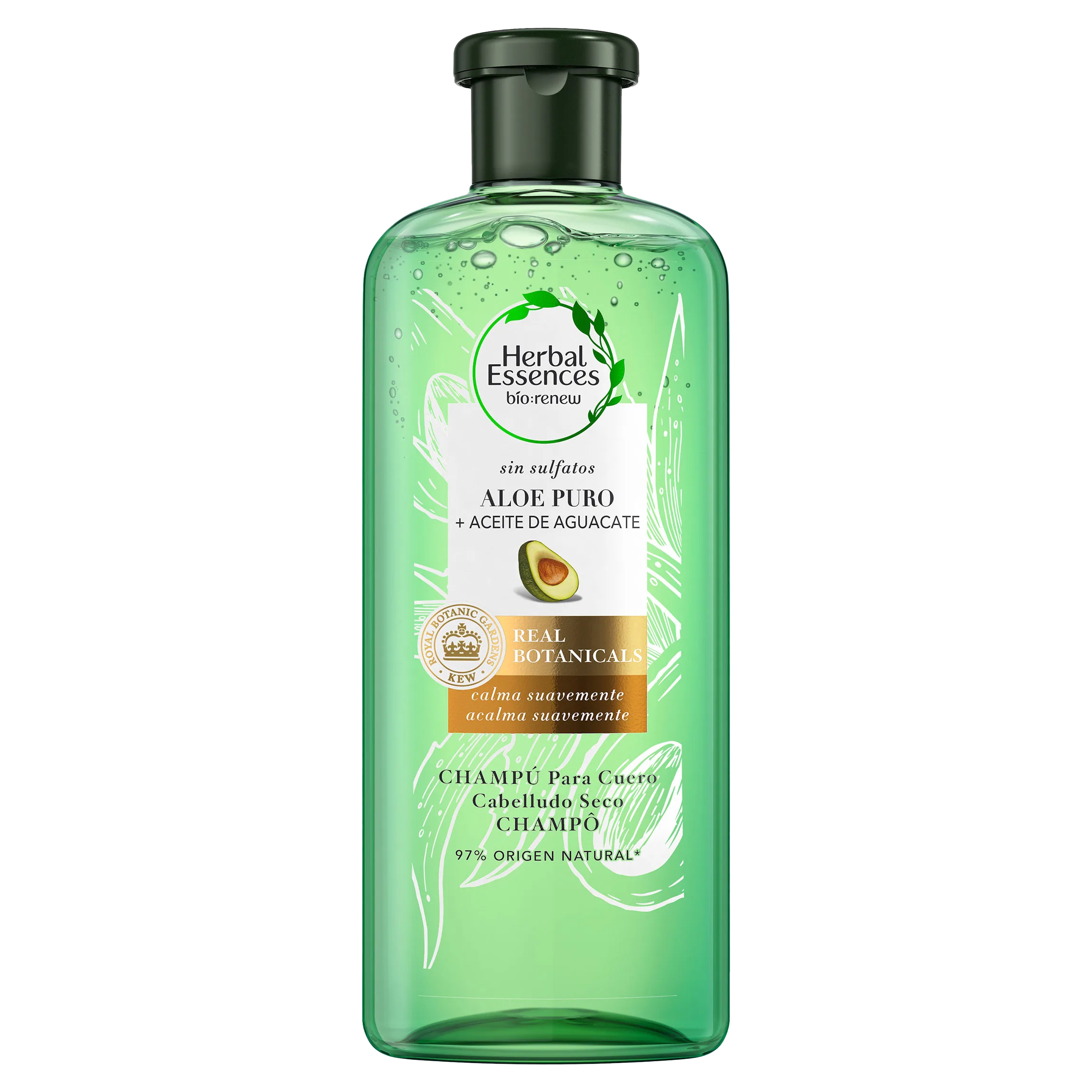 Herbal Essences Aloe Puro + Aceite De Aguacate Champú, sobre fondo gris.