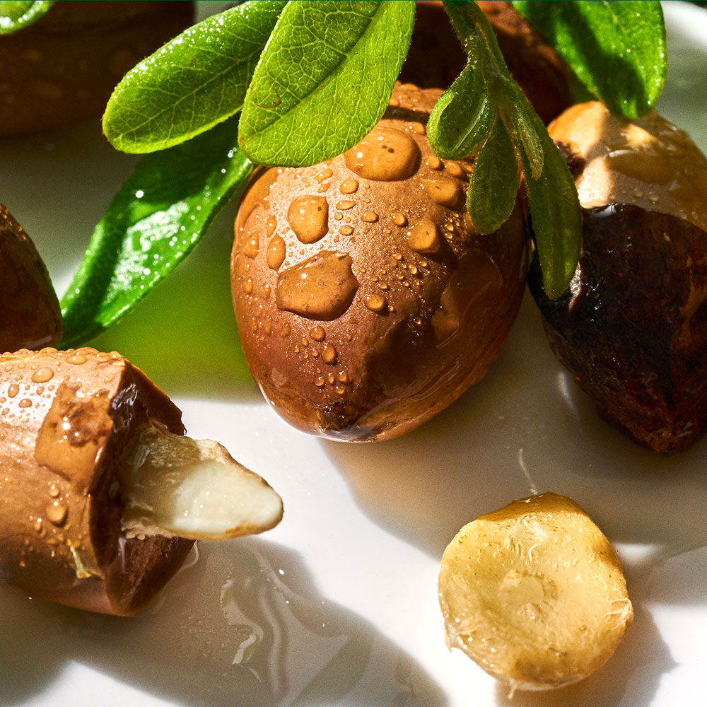 Primer plano de nueces y almendras de argán, algunas con gotas de agua, sobre superficie blanca con hojas verdes.