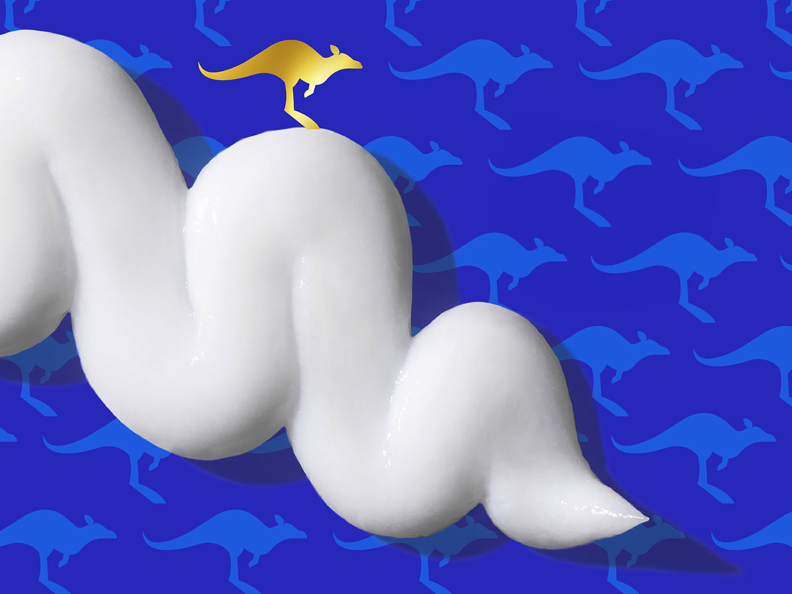 Forma blanca ondulada con canguro dorado sobre fondo azul, con siluetas de canguros azules.