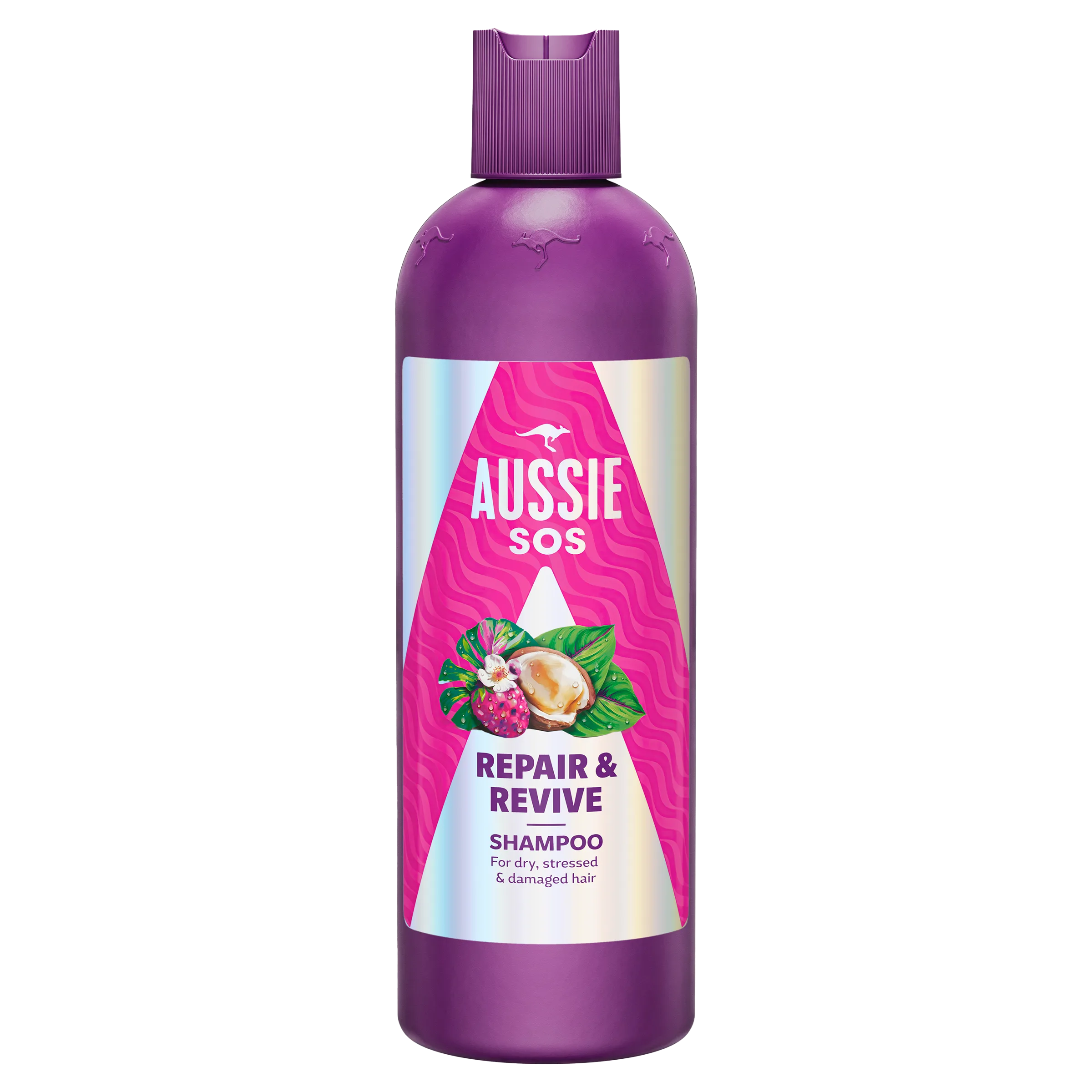 Aussie SOS Repair & Revive Champú, sobre fondo gris.