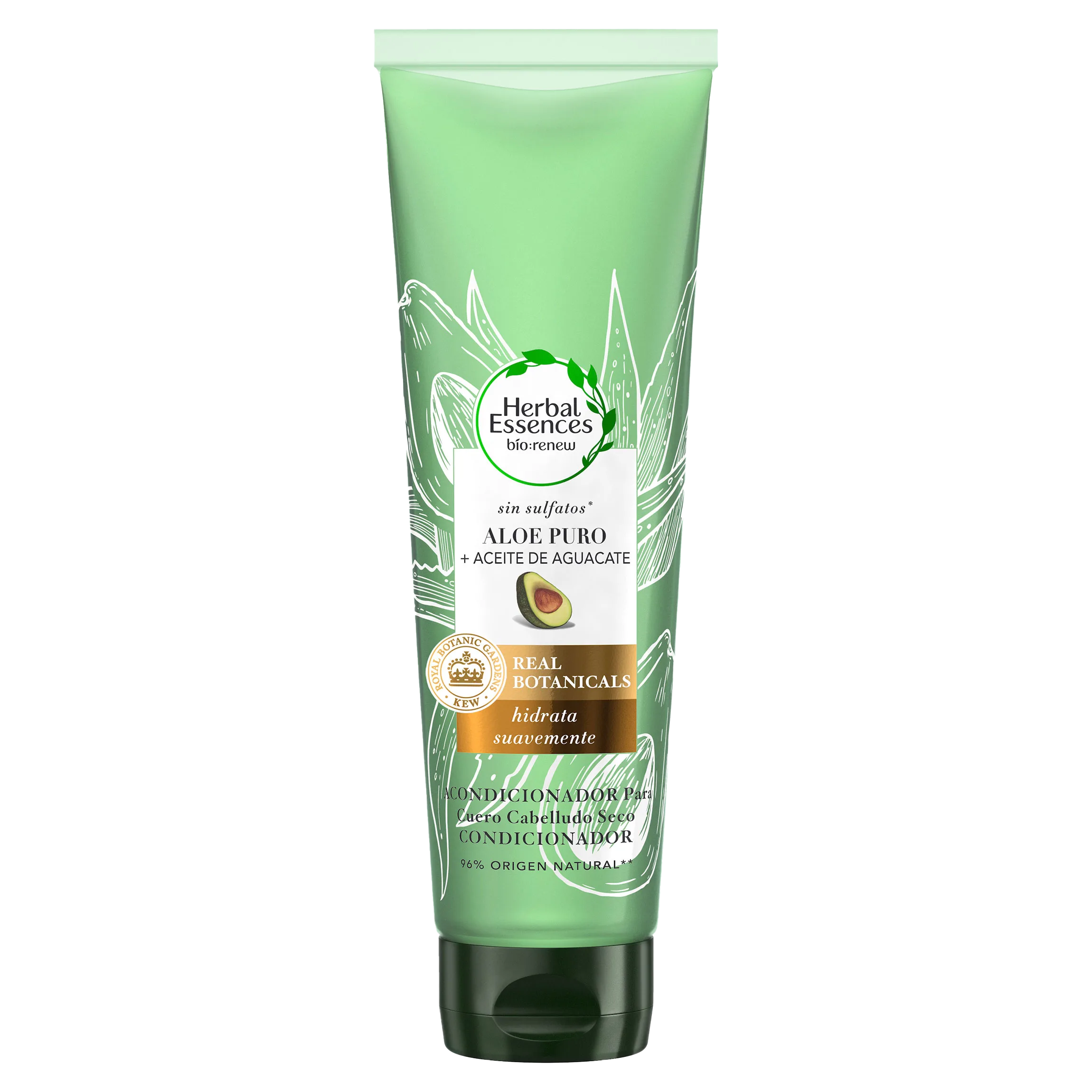 Herbal Essences Aloe Puro + Aceite De Aguacate Acondicionador, sobre fondo gris.