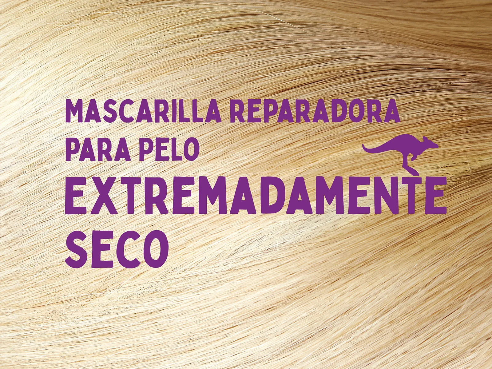 Primer plano de cabello rubio con texto morado "MASCARILLA REPARADORA PARA PELO EXTREMADAMENTE SECO" y silueta de canguro morado.