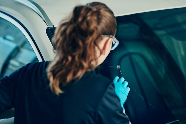 Woman diagnosing a broken window