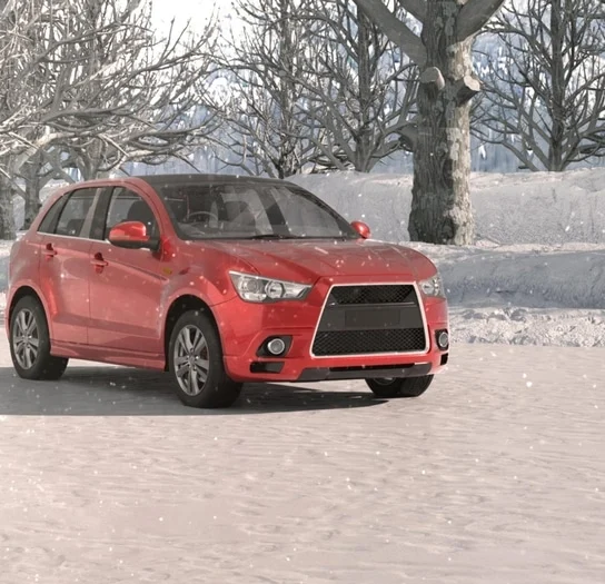 Car driving through a snowy forest