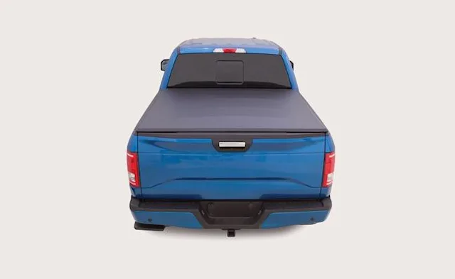 Rear view of a pickup truck with a tonneau cover