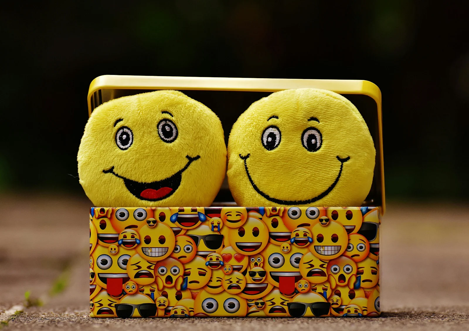 Close-up stock photo of two yellow smiley-face plush toys sitting in a tin box printed with assorted emoji patterns