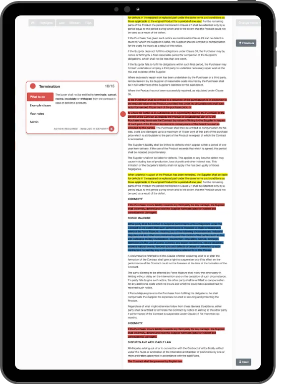Example of an AI-assisted contract review report highlighting clauses and review points.