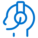 Blue line drawing of a person’s head wearing a headset with a microphone, suggesting customer support or communication services, on a light gray background.