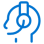 Blue line drawing of a person’s head wearing a headset with a microphone, suggesting customer support or communication services, on a light gray background.