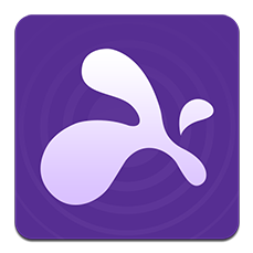 A purple square icon with rounded corners features a white abstract, droplet-like shape in the center, resembling a splash or stylized S against a radial gradient background.