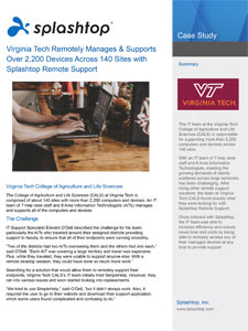 A case study document for Virginia Tech featuring Splashtop. The page includes the Virginia Tech logo, summary text, and a photo of a person using a laptop and smartphone on a desk.