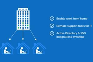 Bulleted text: Enable work from home. Remote support tools for IT. Active Directory and SSO Integrations available.