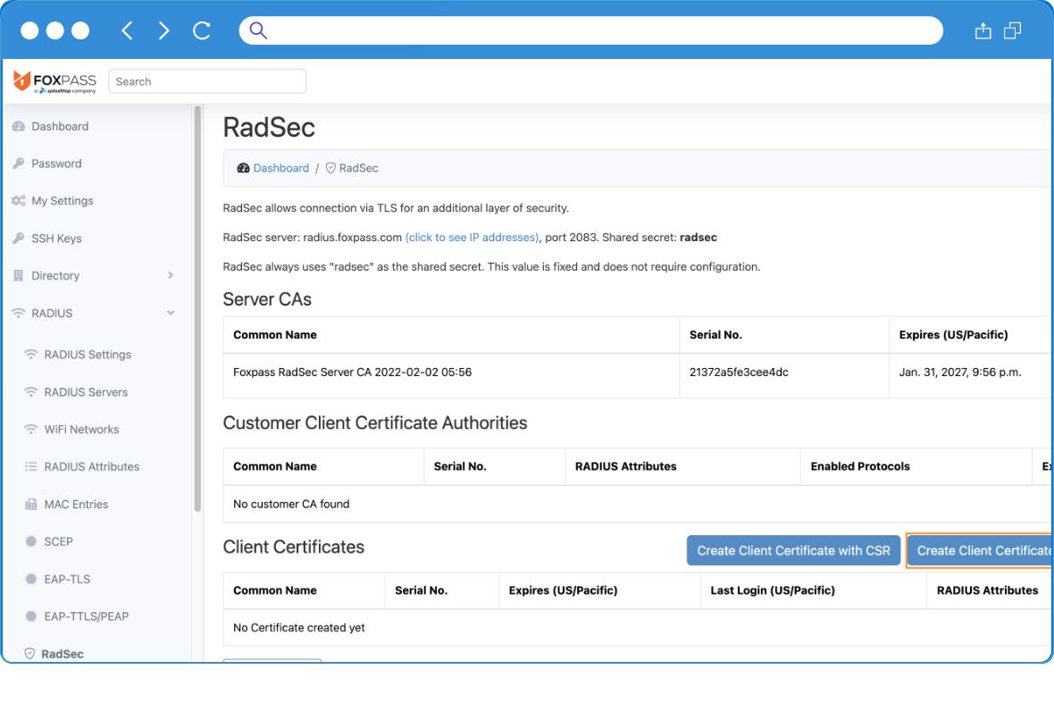 A computer screen displays the RadSec settings page in the Foxpass dashboard, showing server and client certificate details, including common names, serial numbers, and expiration dates. Navigation options are visible on the left.
