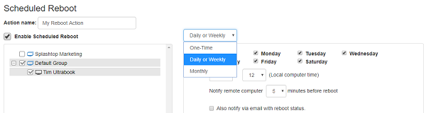 A screenshot of a Scheduled Reboot settings page shows options to set the reboot frequency (One-Time, Daily or Weekly, Monthly) and select days of the week. Daily or Weekly is selected with Monday to Friday checked.