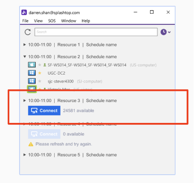 A software window displays a schedule with resource names and times. A blue Connect button is highlighted for Resource 3, showing 24,581 available sessions. Other resources and scheduling details are listed above and below.