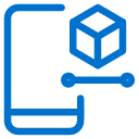 A blue outline of a smartphone with a connected line leading to a 3D cube, suggesting a concept of augmented reality or virtual object integration with mobile devices.